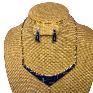 Southwestern Inlay Silver Tone Necklace and Earrings Set Multi-Color Stones